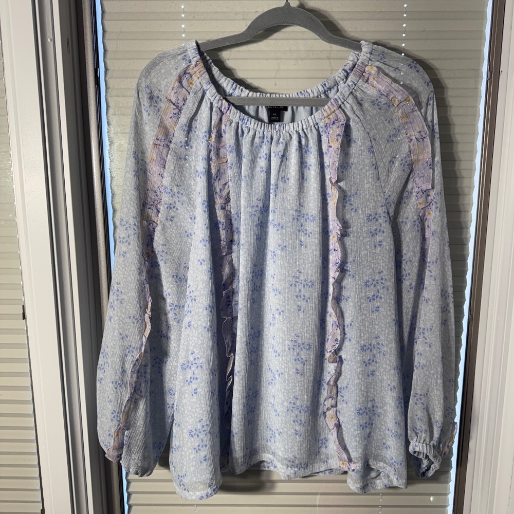 Ann Taylor Blue Floral Ruffle Blouse Long Sleeve XXL Peasant Spring  Style Top